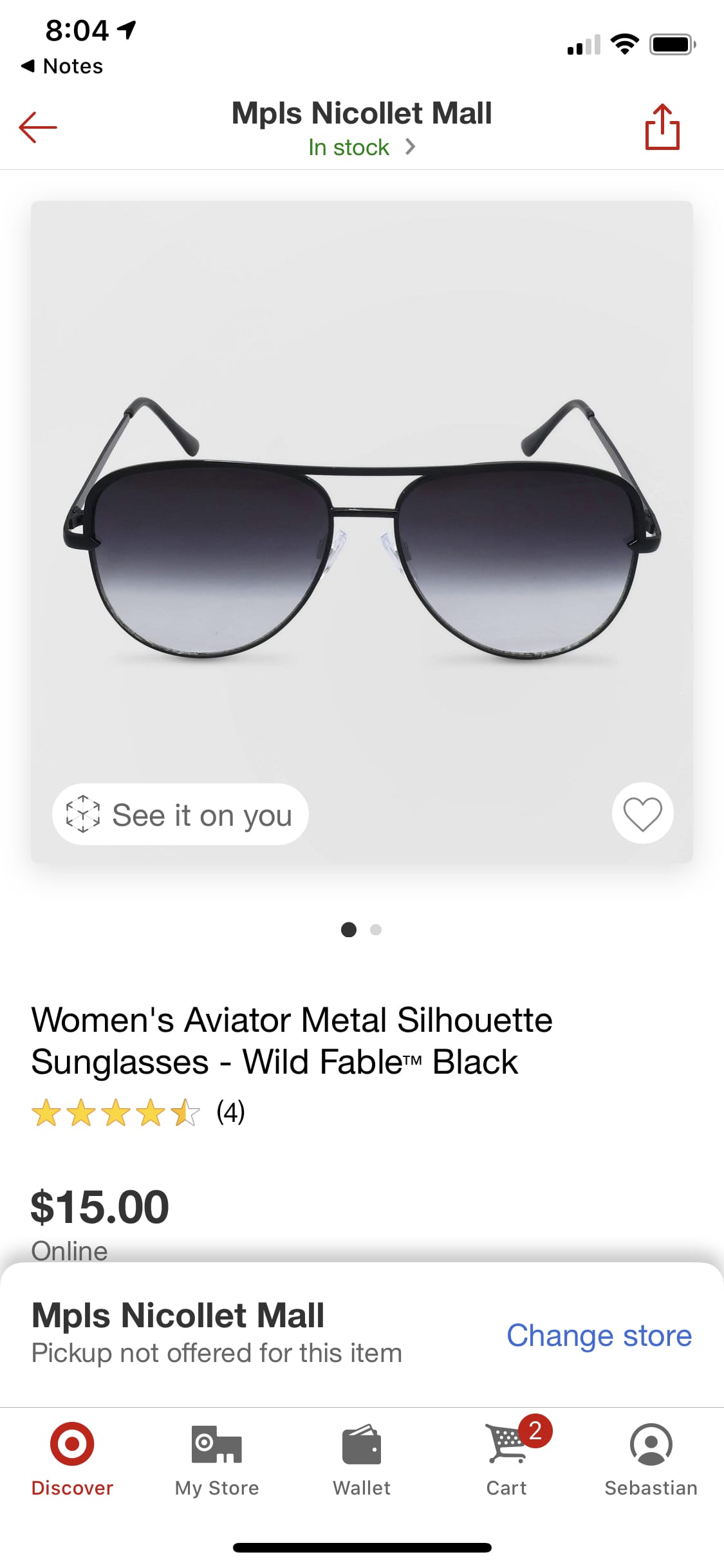 Screenshot of Target mobile app showing See it on you button on the product detail page of a pair of sunglasses